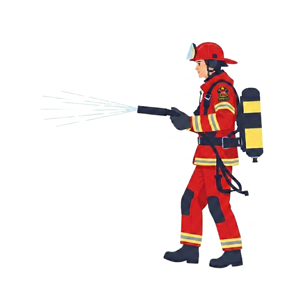 Bombero apagando un fuego con manguera